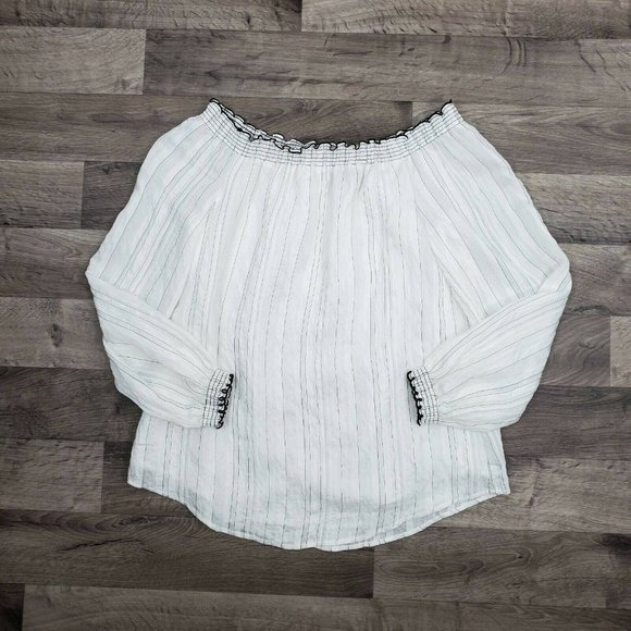 SOLD! White House Black Market Blouse White Pinstripe Off Shoulder Lined Top M - Picture 6 of 12
